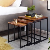 FineBuy Satztisch 3er Set Sheesham Massivholz / Metall Beistelltisch Eckig Modern, Design Couchtisch 3-teilig, Wohnzimmertisch Platzsparend, Holztisch Kaffeetisch Wohnzimmer | Farbe: Braun Unkategorisiert online kaufen