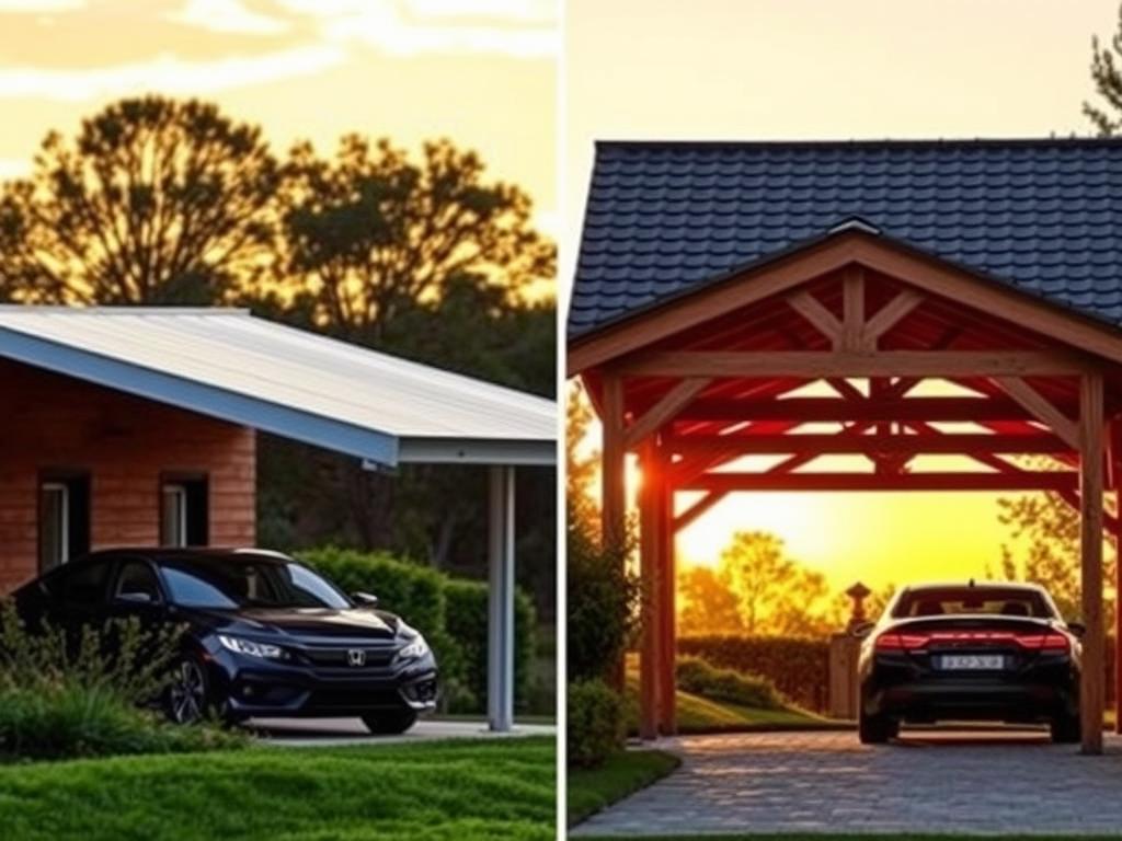 A detailed comparison of the construction of a flat-roofed and a pitched-roofed carport. Set against a warm, golden hour backdrop, the scene showcases the distinct architectural styles and design elements of each roofing system. The flat-roofed carport features a sleek, minimalist profile with clean lines and a modern aesthetic. In contrast, the pitched-roof carport boasts a traditional, rustic charm with its slanted roofline and exposed timber framing. Both structures are positioned in a lush, natural environment, allowing the viewer to visualize how each design would complement a range of outdoor settings. Subtle lighting highlights the textures and materials, creating a sense of depth and dimensionality within the composition.