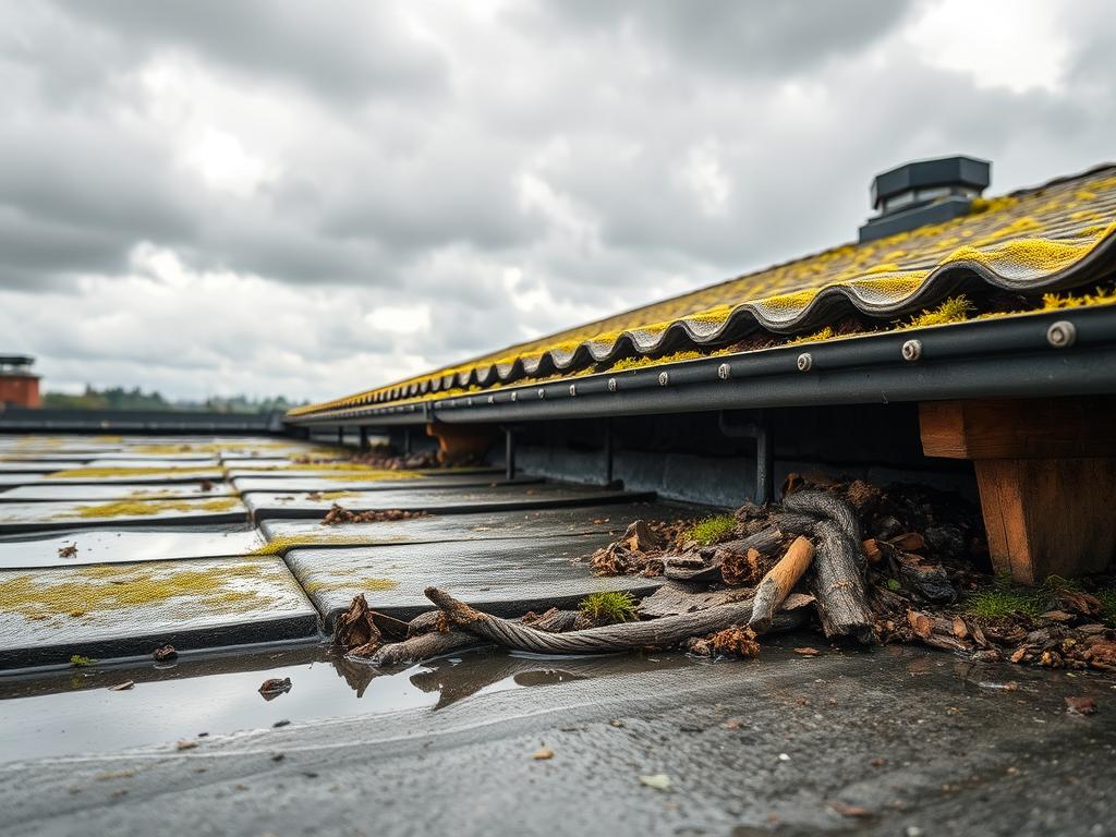 A flat roof in disrepair, with pooling water and moss-covered tiles. In the foreground, a closeup view of clogged drainage gutters, overflowing with debris. The middle ground shows the sagging roof structure, with warped beams and cracked sealant. In the background, a gloomy overcast sky casts a somber tone, emphasizing the neglect. The image is shot with a wide-angle lens, capturing the full scope of the problem, lit by soft, diffused natural lighting that accentuates the deterioration. The overall atmosphere conveys the challenges and maintenance issues associated with flat roof drainage systems.
