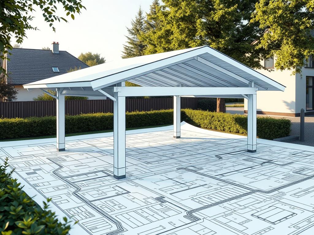 A meticulously detailed architectural blueprint of a classic German carport with a flat roof design, showcasing the various structural elements and construction details. The carport is situated in a well-manicured suburban landscape, with lush greenery and a harmonious color palette of natural tones. The image captures the intricate permitting process, emphasizing the necessary approvals and local regulations governing the construction of such an edifice. Subtle lighting accentuates the architectural lines, creating a sense of technical precision and legal compliance. The overall composition conveys the importance of navigating the bureaucratic landscape when planning a carport project.