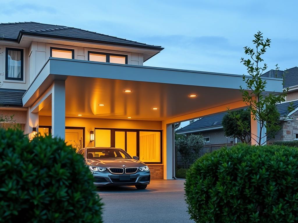 A sleek, modern carport nestled harmoniously against a picturesque suburban home. The flat, clean-lined roof and minimalist support beams seamlessly integrate with the home's contemporary architectural style. Warm, diffused lighting casts a cozy ambiance, while strategically placed windows allow natural illumination to flood the space. The carport's neutral color palette echoes the home's exterior, creating a cohesive visual flow. Lush, manicured greenery frames the scene, softening the clean lines and lending a touch of organic elegance. The overall composition exudes a sophisticated, well-designed aesthetic that beautifully complements the surrounding architecture.