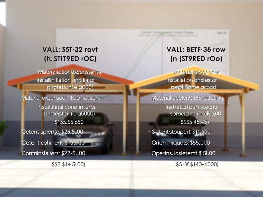 A well-lit, detailed comparison of the construction and operational costs for a carport with a flat roof versus one with a pitched roof. In the foreground, a side-by-side visual breakdown of the key financial factors, such as material expenses, installation labor, and ongoing maintenance. In the middle ground, two photo-realistic carport structures showcasing the distinct architectural styles. The background features a subtle graph or chart visualizing the overall cost differential between the two options. The scene conveys a sense of informed decision-making, with a balanced, objective tone to assist the reader's evaluation.